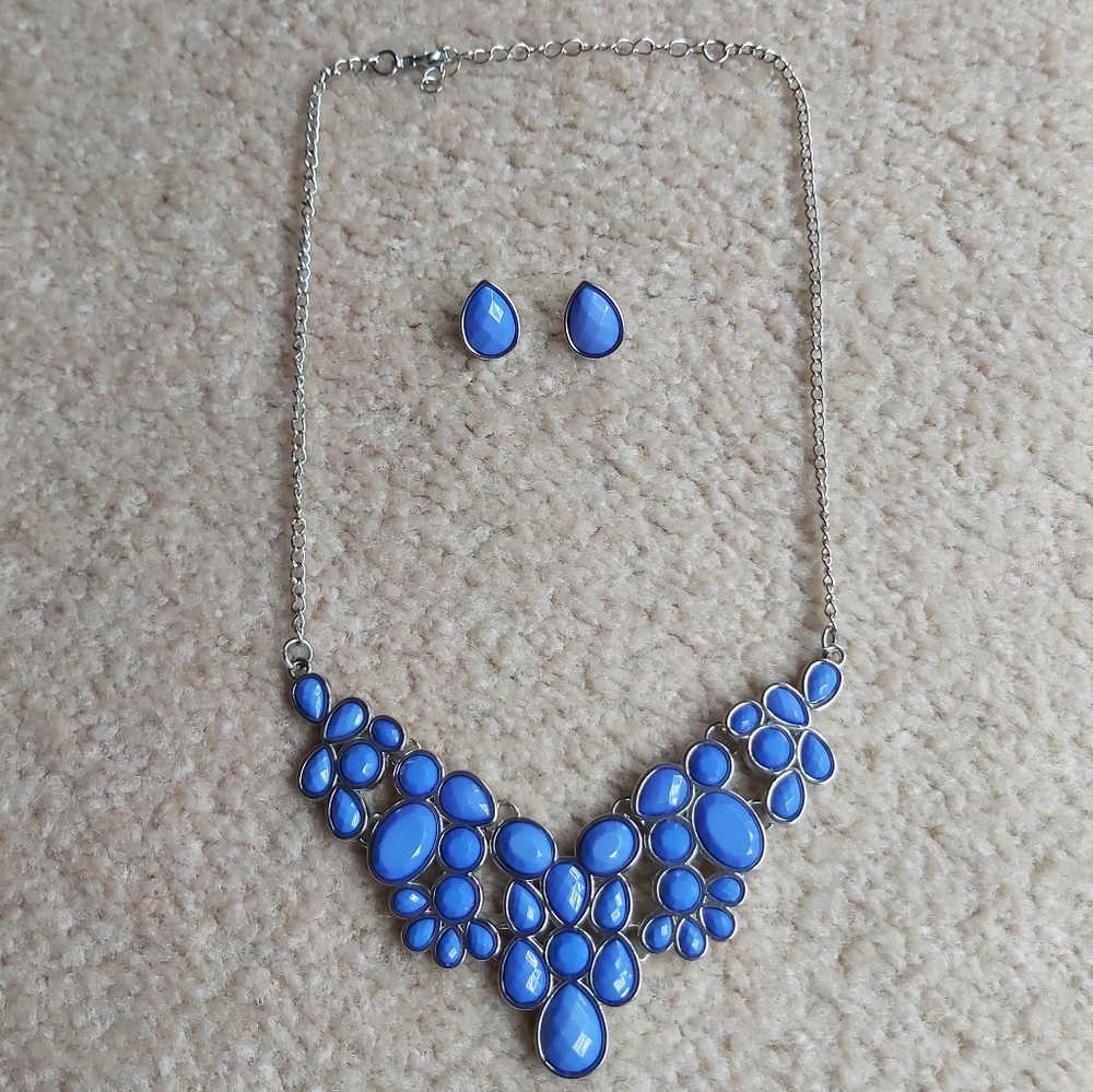 Blue Statement Necklace and Earrings Set